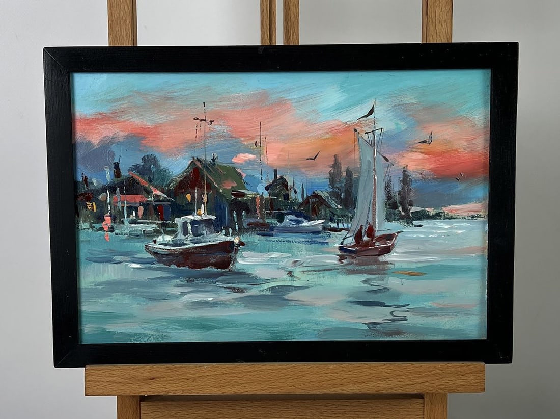 Oil painting Ships in the Sea City at Sunset Yuriy Suprunchuk (1 of 11)