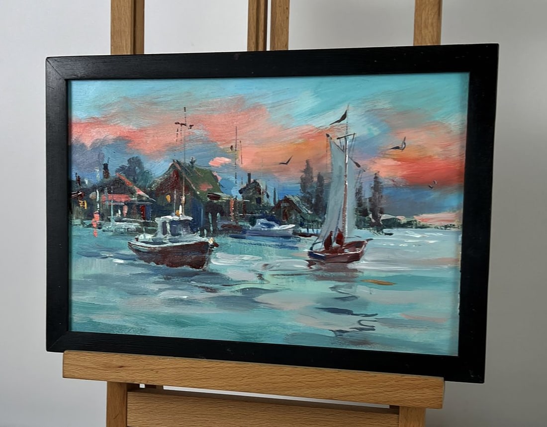 Oil painting Ships in the Sea City at Sunset Yuriy Suprunchuk - 2