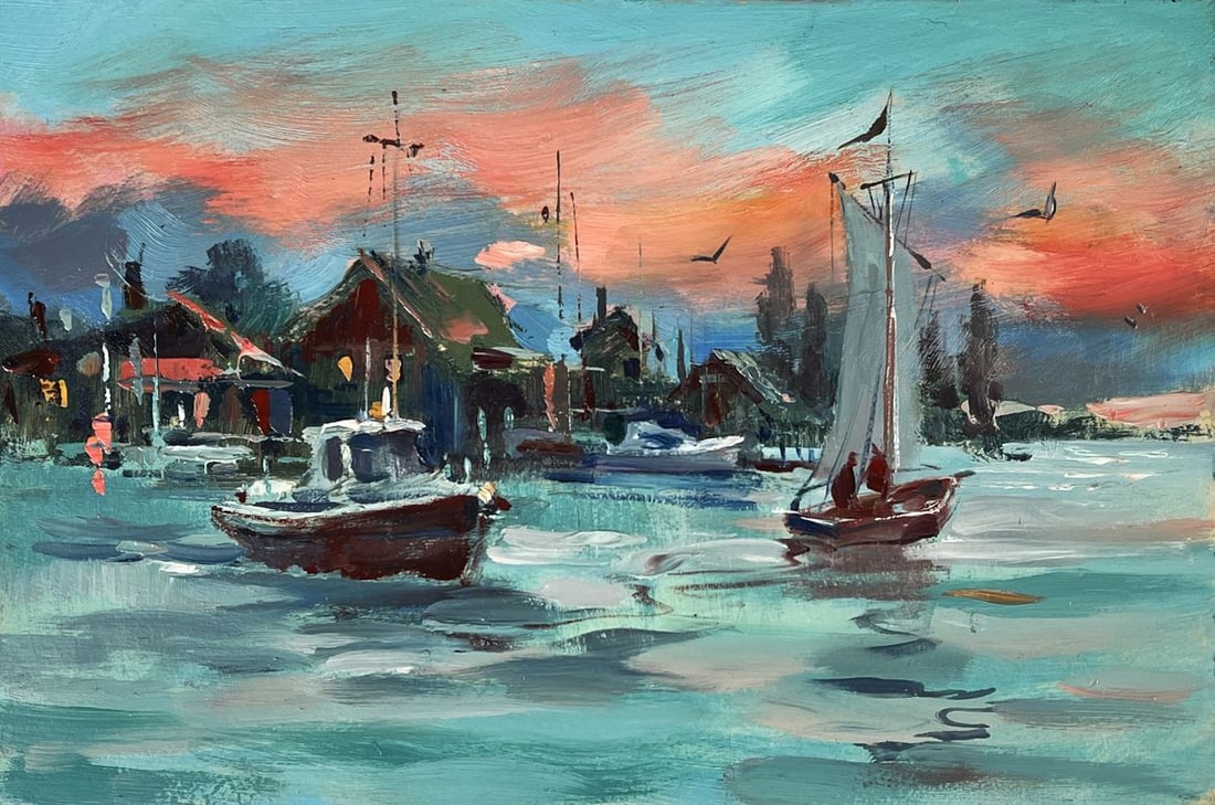 Oil painting Ships in the Sea City at Sunset Yuriy Suprunchuk - 3