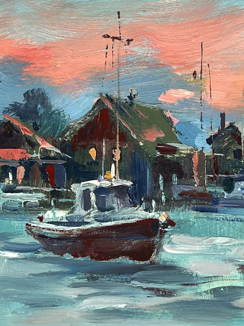 Oil painting Ships in the Sea City at Sunset Yuriy Suprunchuk - 4