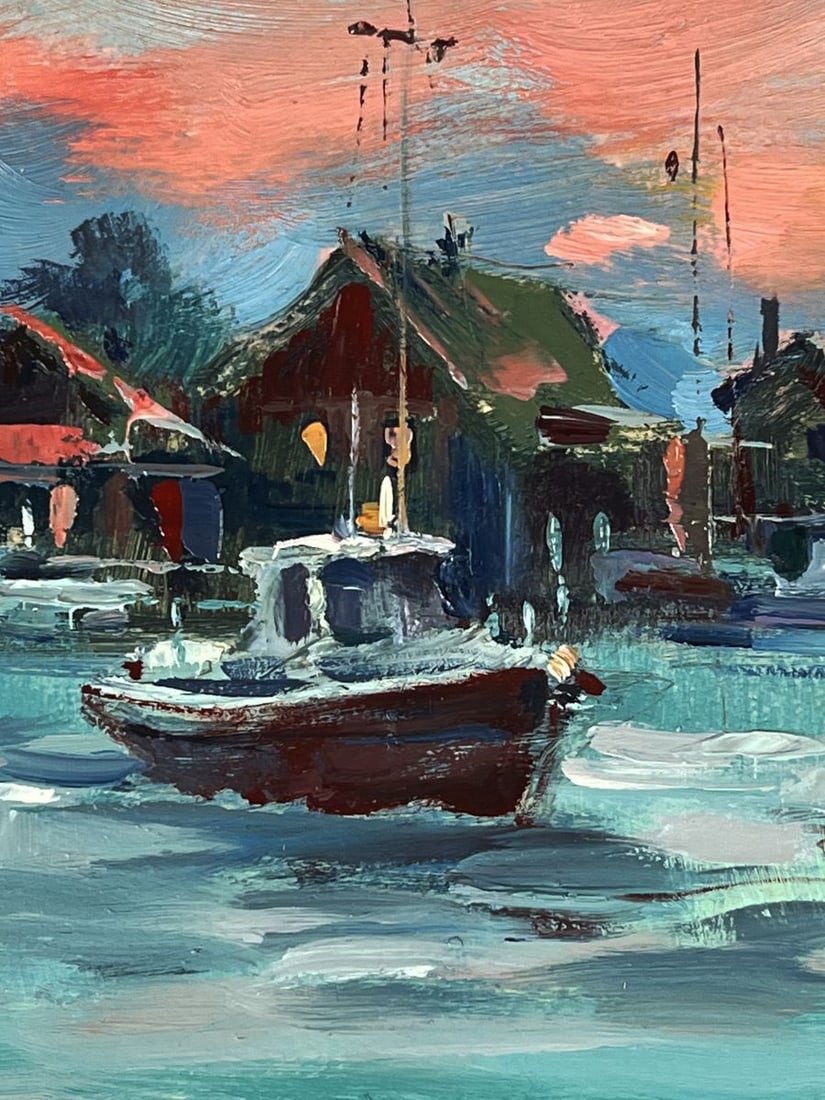 Oil painting Ships in the Sea City at Sunset Yuriy Suprunchuk - 5