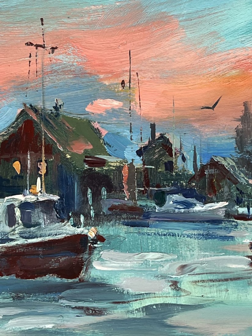 Oil painting Ships in the Sea City at Sunset Yuriy Suprunchuk - 6