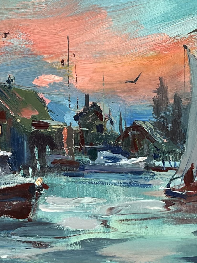 Oil painting Ships in the Sea City at Sunset Yuriy Suprunchuk - 7