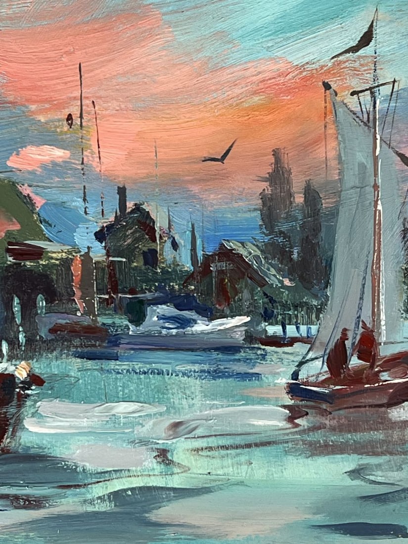 Oil painting Ships in the Sea City at Sunset Yuriy Suprunchuk - 8