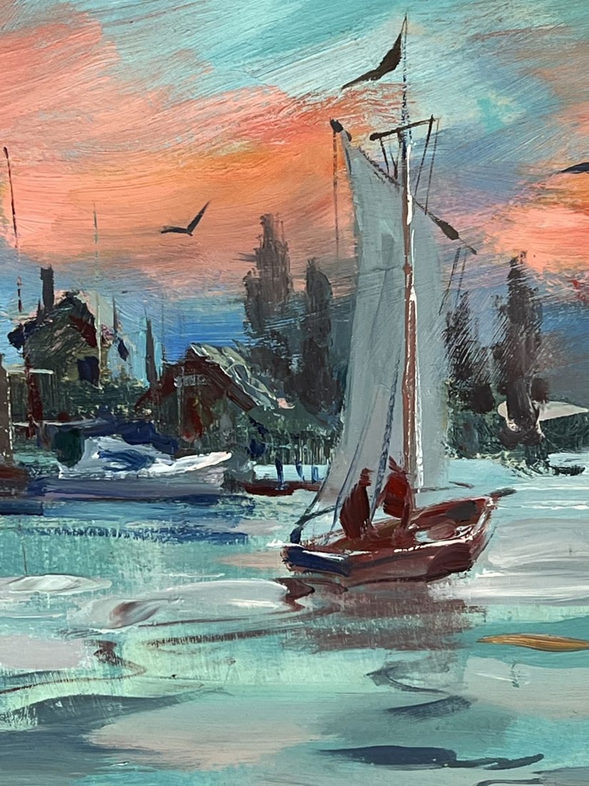 Oil painting Ships in the Sea City at Sunset Yuriy Suprunchuk - 9