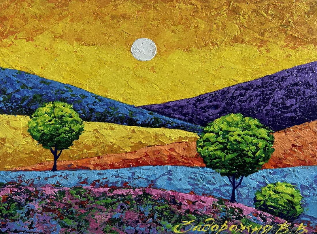 Oil painting Yellow sunset over flower meadows V. Zadorozhnya - 3