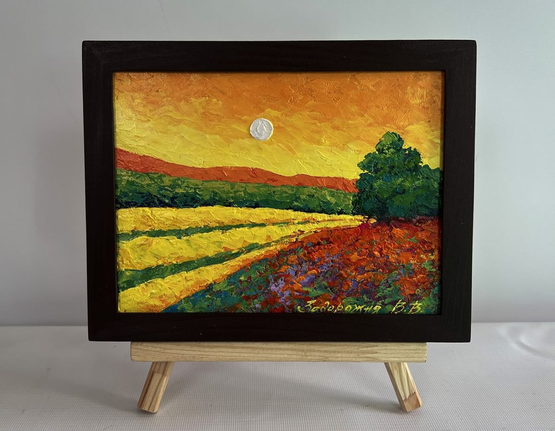 Oil painting Summer silence with sunset V. Zadorozhnya: Title: Oil painting Summer silence with sunset V. Zadorozhnya Description: No.AAA4579 The painting "Summer Silence with Sunset" is an evocative oil painting on cardboard that beautifully captures the 