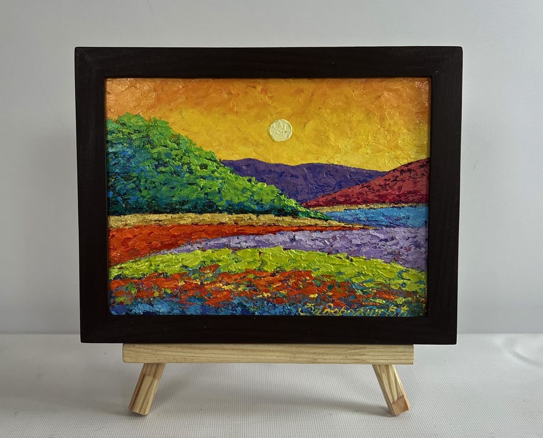 Oil painting Shades of yellow sunset V. Zadorozhnya: Title: Oil painting Shades of yellow sunset V. Zadorozhnya Description: No.AAA4591 The painting "Shades of Yellow Sunset" is a mesmerizing oil painting on cardboard that captures the fleeting beauty