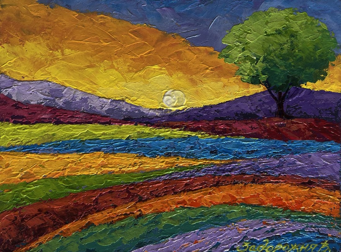 Oil painting Yellow sunset over a flower field V. Zadorozhnya - 3