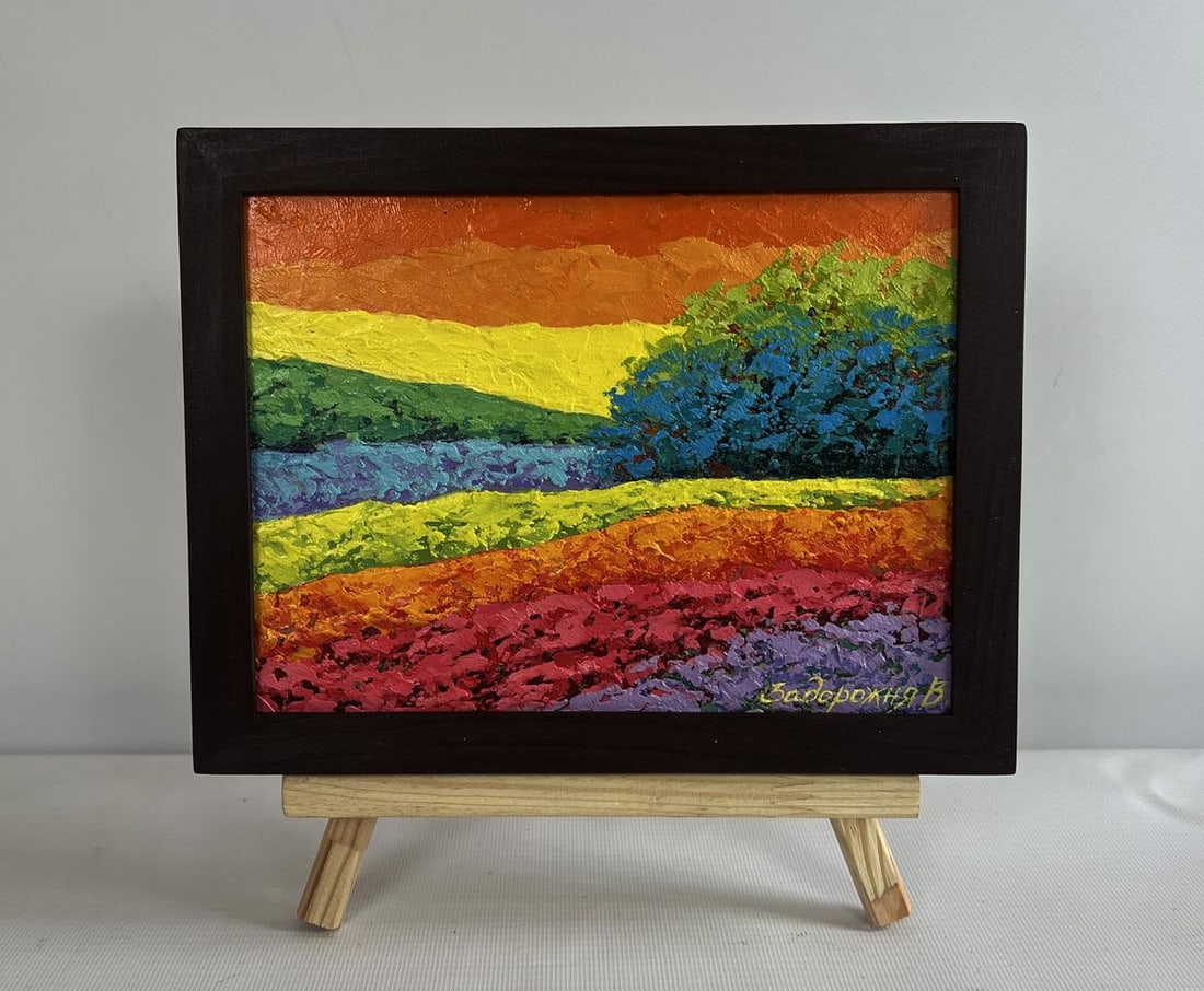 Oil painting Fiery sunset on the horizon V. Zadorozhnya: Title: Oil painting Fiery sunset on the horizon V. Zadorozhnya Description: No.AAA4599 The painting "Fiery Sunset on the Horizon" is a striking celebration of color and texture, capturing the vibrant 