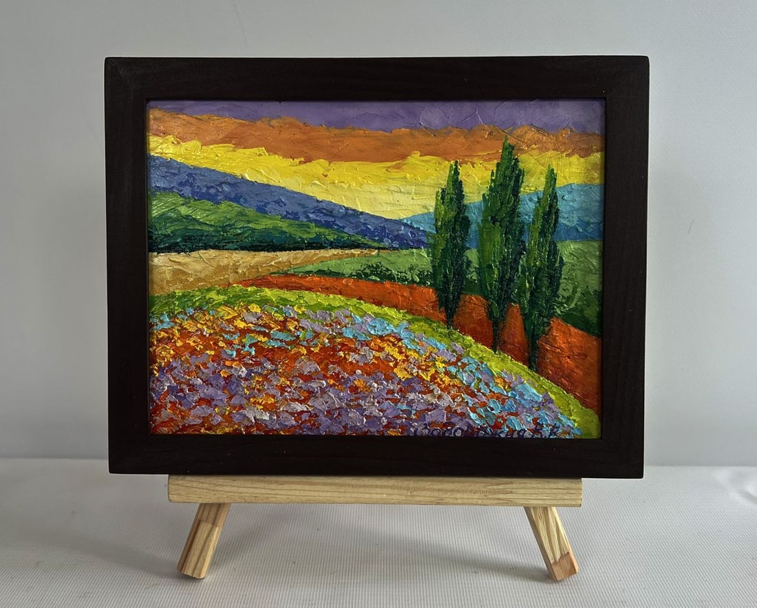 Oil painting Flower fields and sunset V. Zadorozhnya: Title: Oil painting Flower fields and sunset V. Zadorozhnya Description: No.AAA4603 The painting "Flower Fields and Sunset" is a stunning depiction of nature's beauty, brought to life through rich