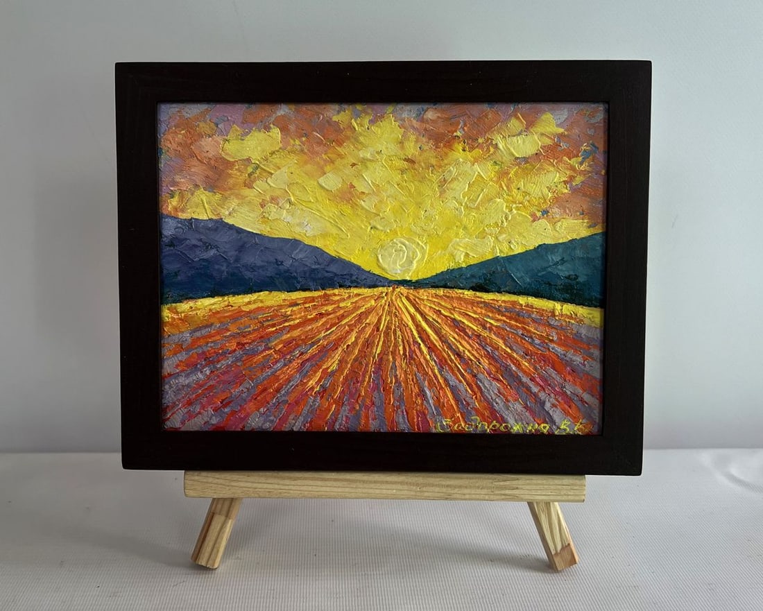 Oil painting Warm light of the fading day V. Zadorozhnya: Title: Oil painting Warm light of the fading day V. Zadorozhnya Description: No.AAA4610 The painting "Warm Light of the Fading Day" captures the serene yet dramatic essence of a sunset as it casts its