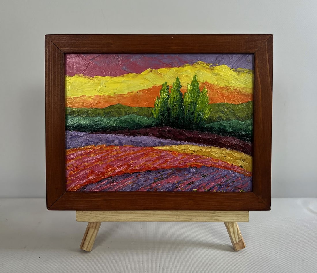 Oil painting Summer evening in sunset colors V. Zadorozhnya: Title: Oil painting Summer evening in sunset colors V. Zadorozhnya Description: No.AAA4612 The oil painting on cardboard titled "Summer Evening in Sunset Colors" is a vibrant and emotionally charged