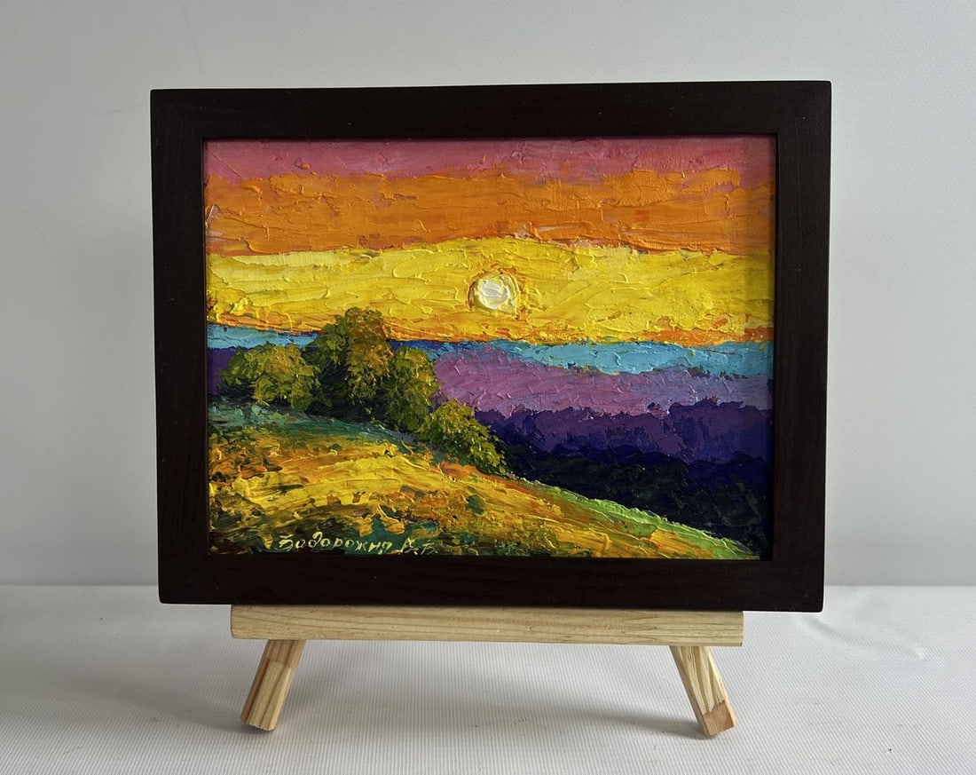 Oil painting Great view of the sunset V. Zadorozhnya: Title: Oil painting Great view of the sunset V. Zadorozhnya Description: No.AAA4622 The oil painting on cardboard titled "Great View of the Sunset" captures a mesmerizing moment of nature's grandeur