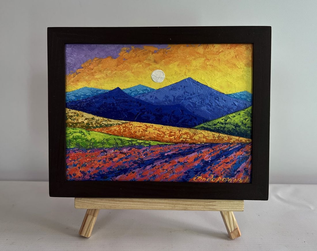 Oil painting Romance in the Mountains V. Zadorozhnya: Title: Oil painting Romance in the Mountains V. Zadorozhnya Description: No.AAA4639 The oil painting on cardboard titled "Romance in the Mountains" is a vivid and expressive landscape that evokes a de