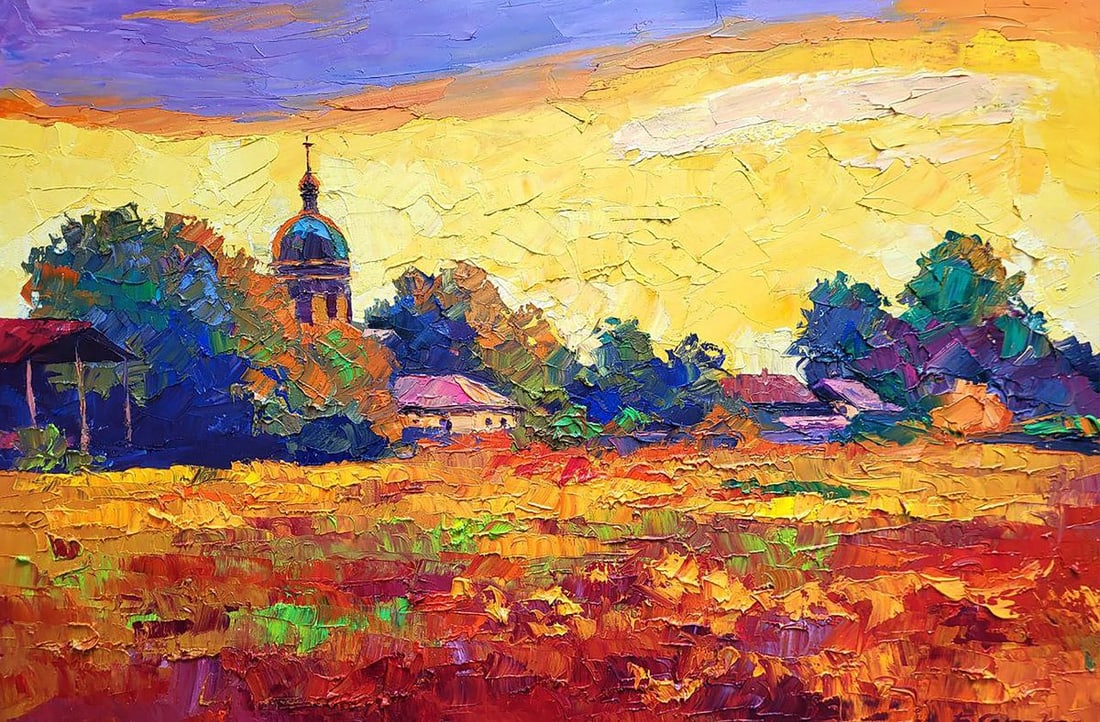 Oil painting Sunset over the village Boris Serdyuk: Title: Oil painting Sunset over the village Boris Serdyuk Description: No.SERB 1152 The painting "Sunset over the Village" is a vivid and emotional depiction of rural life at the end of a warm summer 