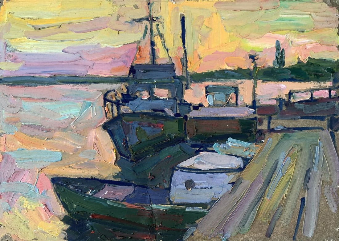 Oil painting Sunset on the pier Peter Tovpev: Title: Oil painting Sunset on the pier Peter Tovpev Description: No.AAA3462 The painting titled "Sunset on the Pier" captures the serene yet vibrant atmosphere of a waterfront scene during the golden 