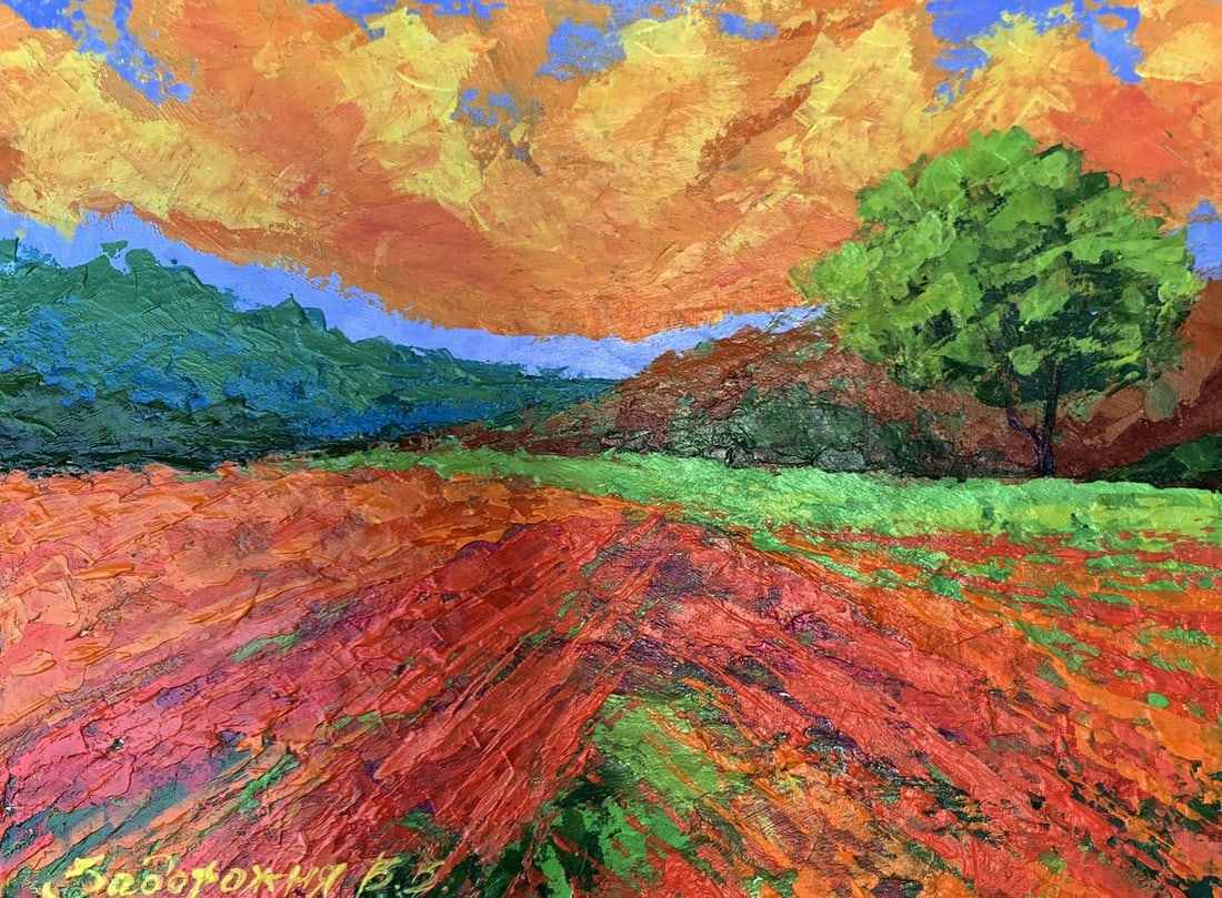 Oil painting Bright yellow sunset V. Zadorozhnya: Title: Oil painting Bright yellow sunset V. Zadorozhnya Description: No.AAA3472 The painting titled "Bright Yellow Sunset" is a striking and vibrant depiction of nature's dynamic palette as day