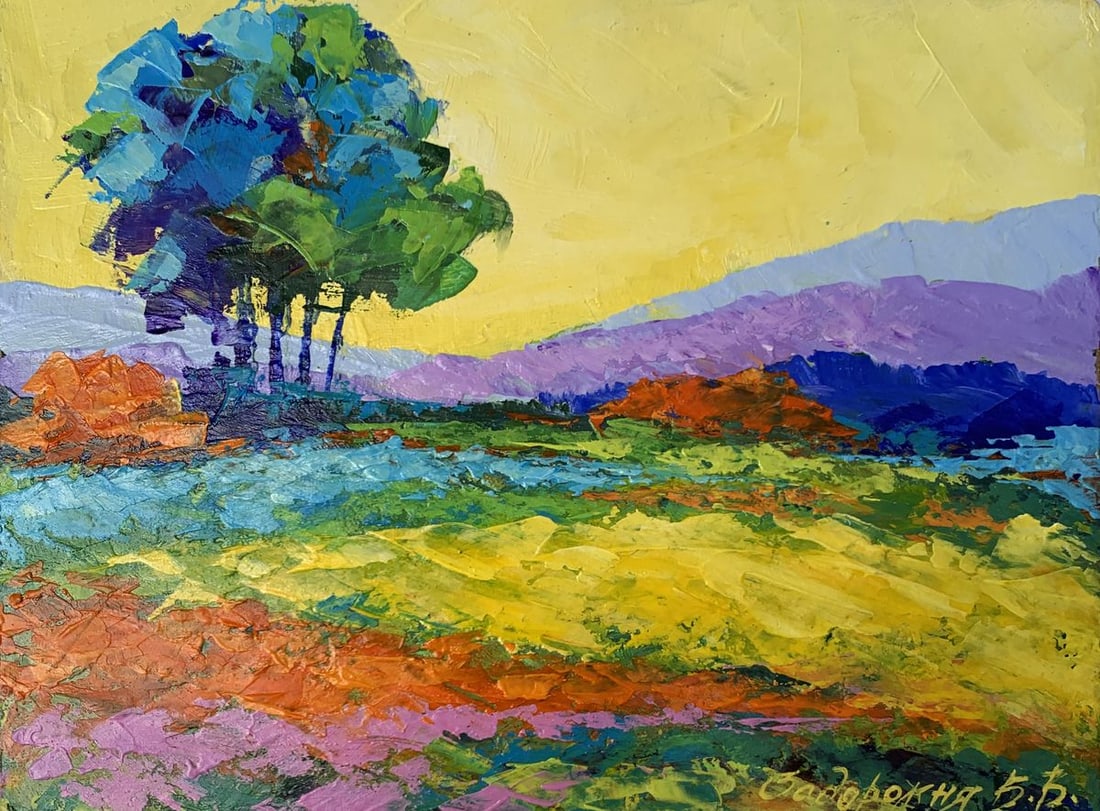 Oil painting Sunset is approaching V. Zadorozhnya: Title: Oil painting Sunset is approaching V. Zadorozhnya Description: No.AAA3492 The painting "Sunset is Approaching", created with oil on cardboard, is a vivid celebration of nature’s