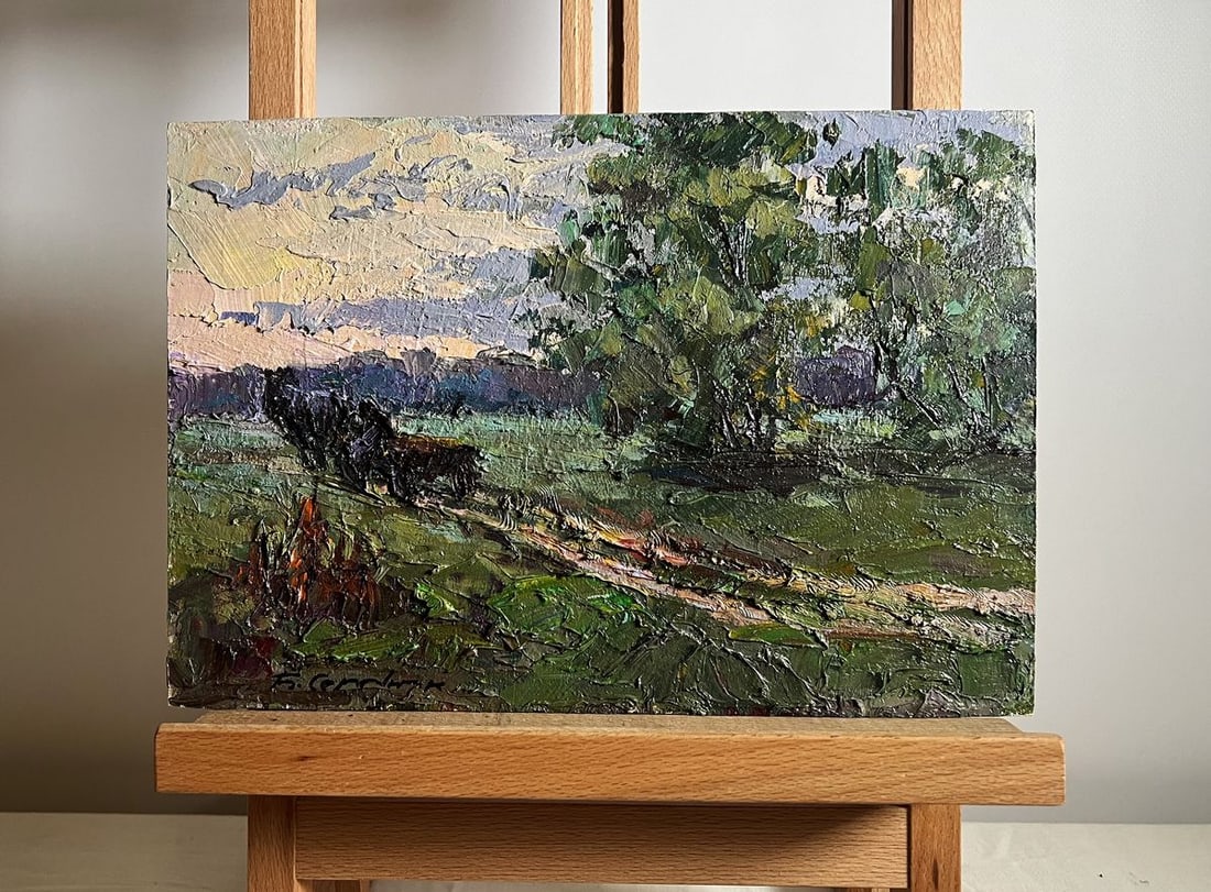 Oil painting Along the country road Boris Serdyuk: Title: Oil painting Along the country road Boris Serdyuk Description: No.AAA3774 This oil painting cardboard, titled "Along the country road", the composition is centered around a winding dirt road, w