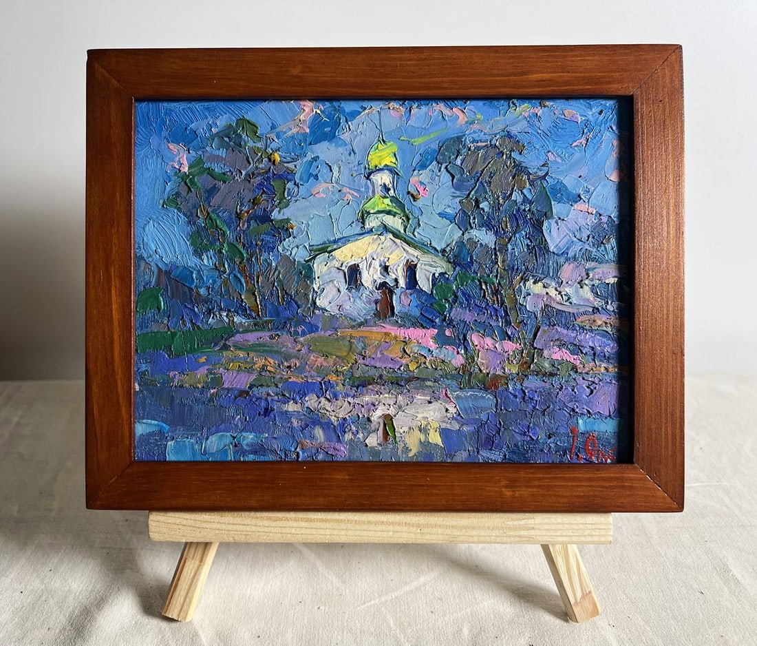 Oil painting Early in the morning at church Oksana Kalenyuk: Title: Oil painting Early in the morning at church Oksana Kalenyuk Description: No.AAA3812 This oil painting cardboard, titled "Early in the morning at church", the composition is centered around the 
