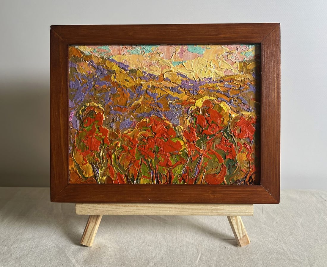 Oil painting Autumn Crimson Alex Kalenyuk: Title: Oil painting Autumn Crimson Alex Kalenyuk Description: No.AAA3831 This oil painting cardboard, titled "Autumn Crimson", the composition is layered, leading the viewer’s eye from the