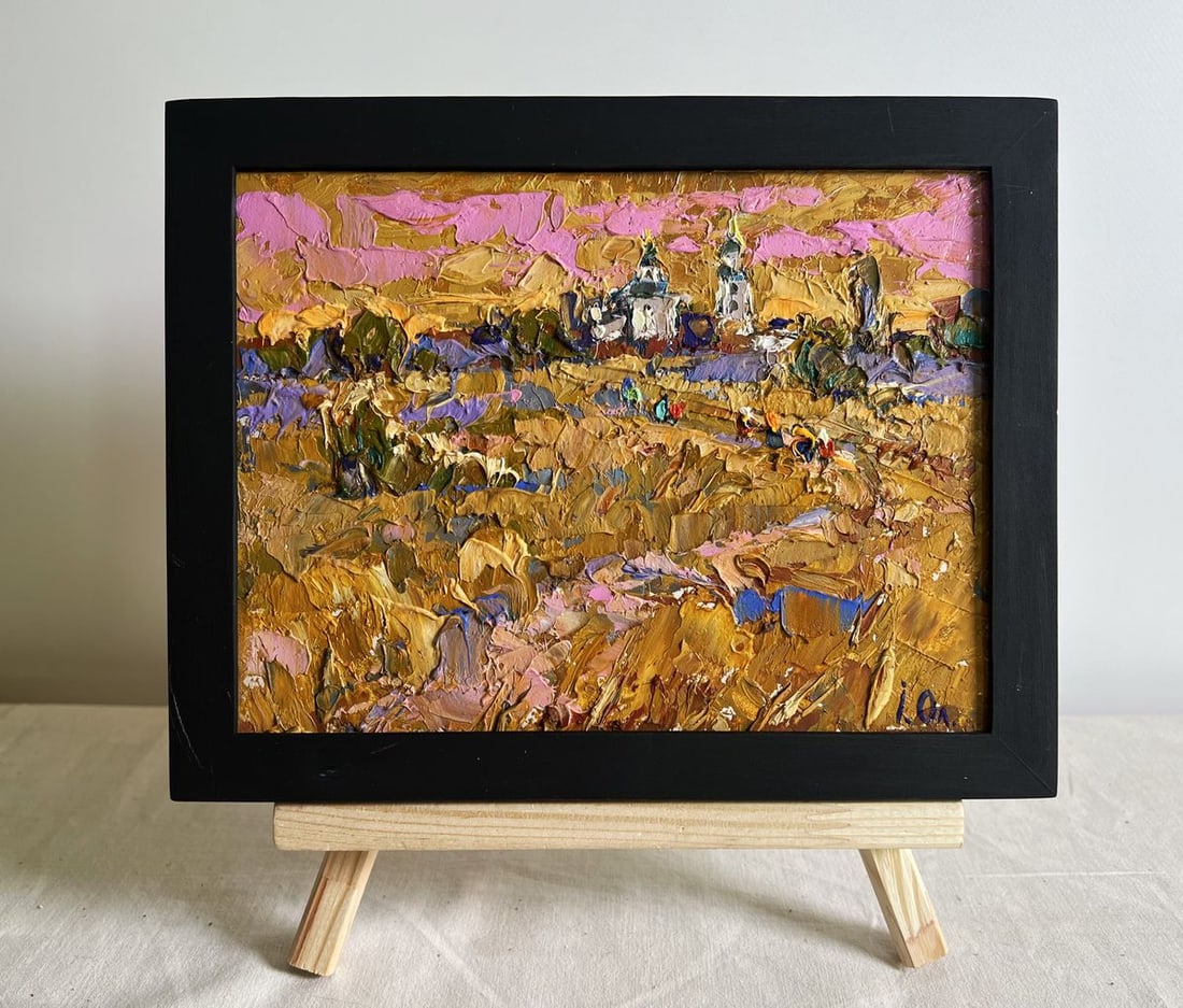 Oil painting Autumn steppes Alex Kalenyuk: Title: Oil painting Autumn steppes Alex Kalenyuk Description: No.AAA3839 This oil painting cardboard, titled "Autumn steppes", the composition is dominated by a golden-hued steppe stretching across th