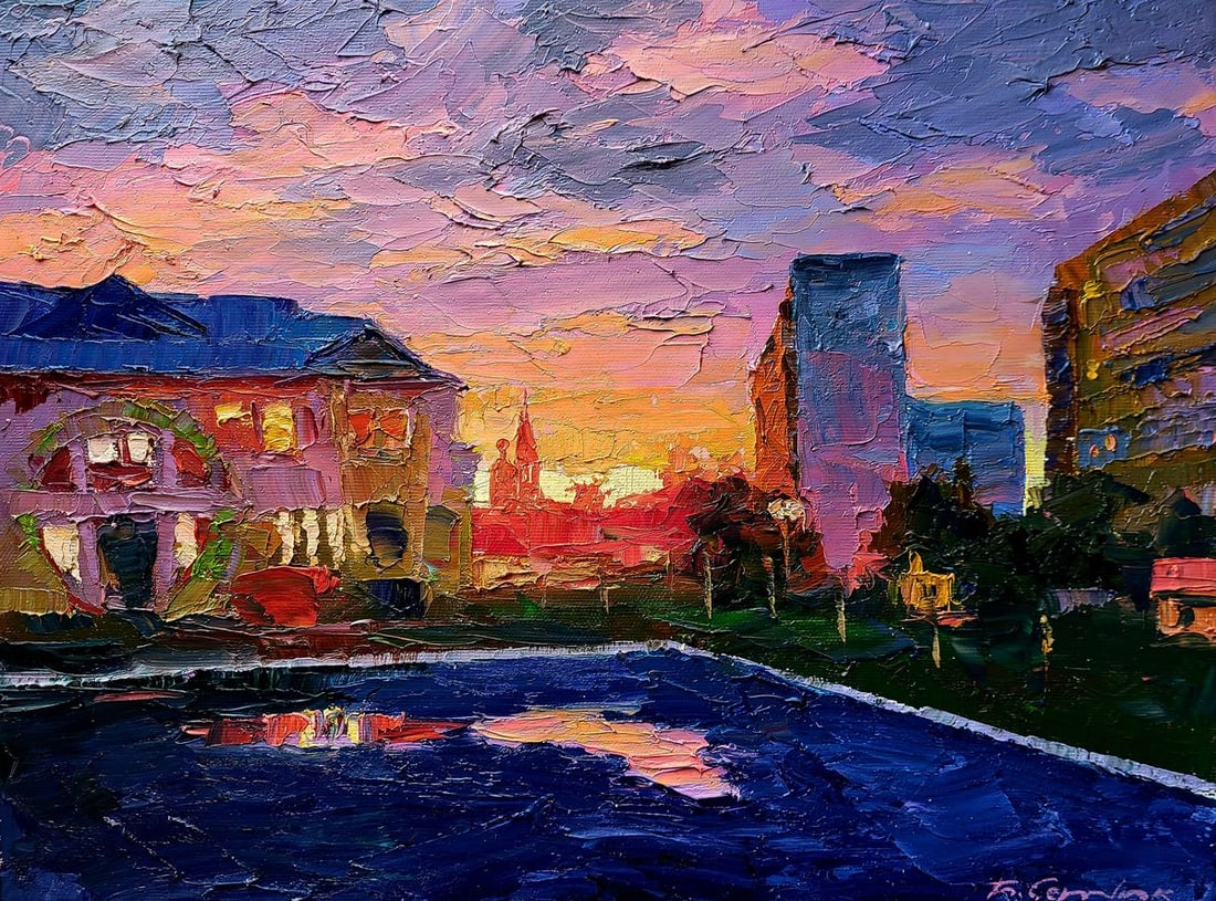 Oil painting City orange sunset Boris Serdyuk: Title: Oil painting City orange sunset Boris Serdyuk Description: No.SERB 1165 The oil painting on canvas titled "City Orange Sunset" captures the fleeting, luminous beauty of an urban evening as the 