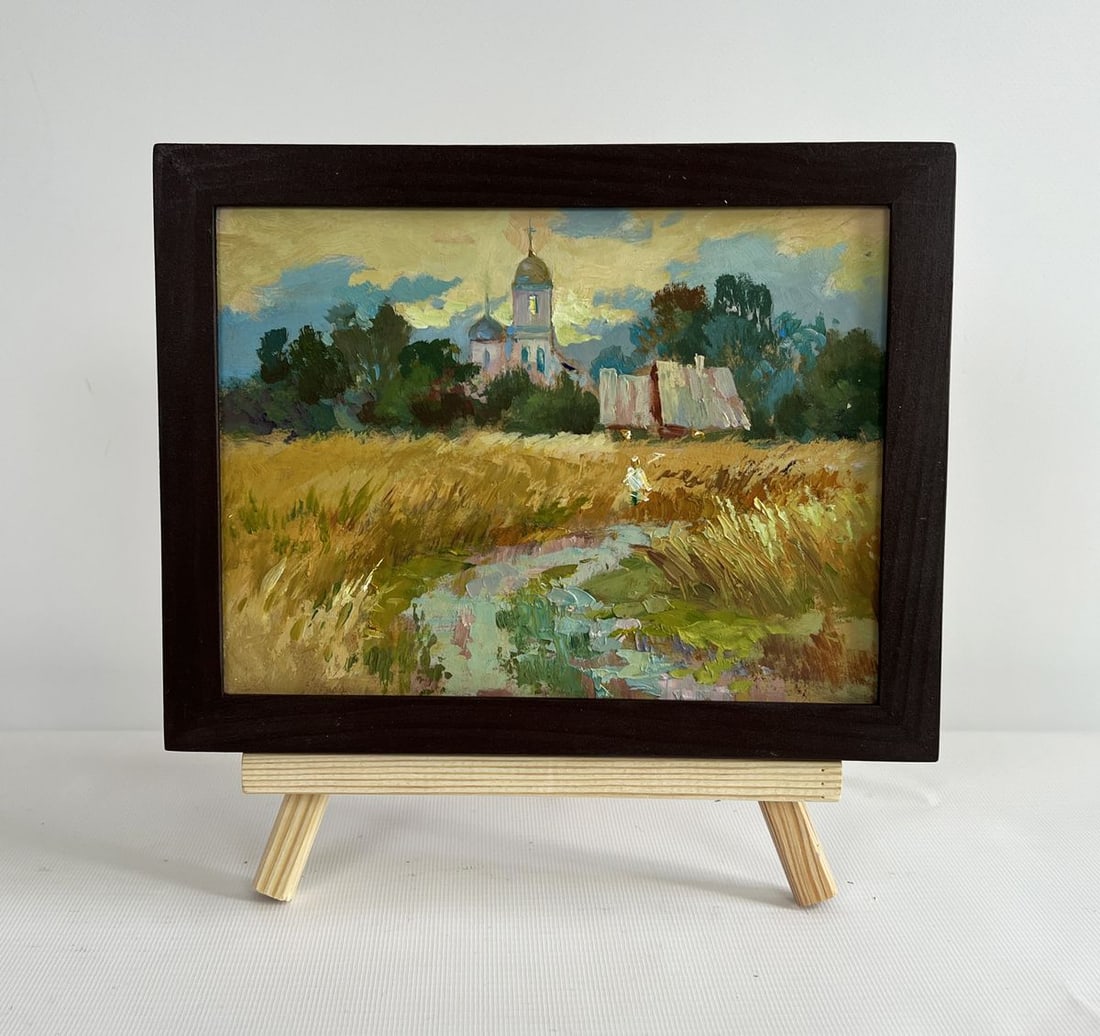 Oil painting Golden fields and sunset Yuriy Suprunchuk: Title: Oil painting Golden fields and sunset Yuriy Suprunchuk Description: No.AAA4424 The painting "Golden Fields and Sunset" captures the serene beauty of a rural landscape bathed in the warm glow