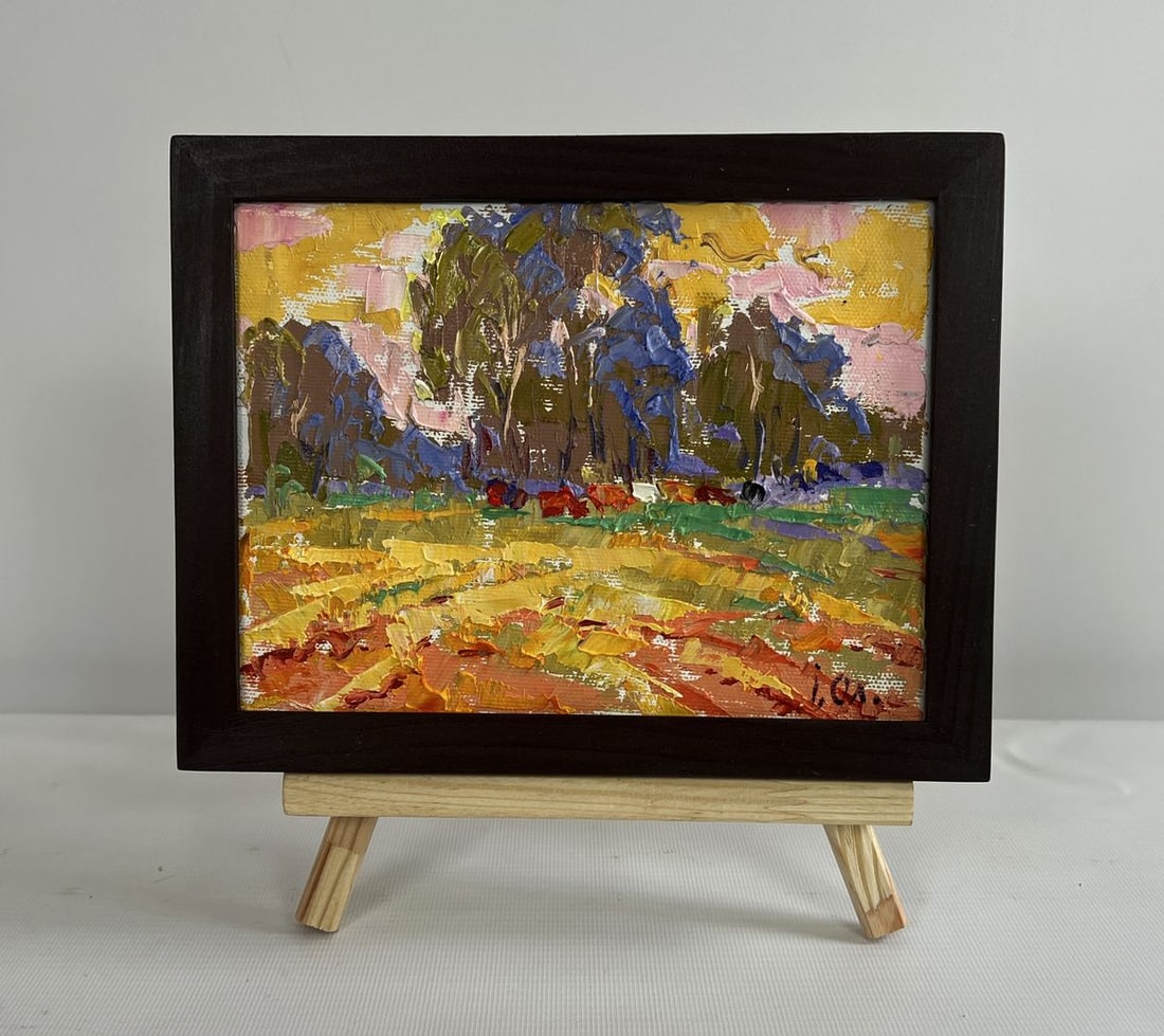 Oil painting Summer meadows and forest Alex Kalenyuk: Title: Oil painting Summer meadows and forest Alex Kalenyuk Description: No.AAA4474 The painting "Summer Meadows and Forest" captures the serene beauty of a sunlit countryside, where golden fields