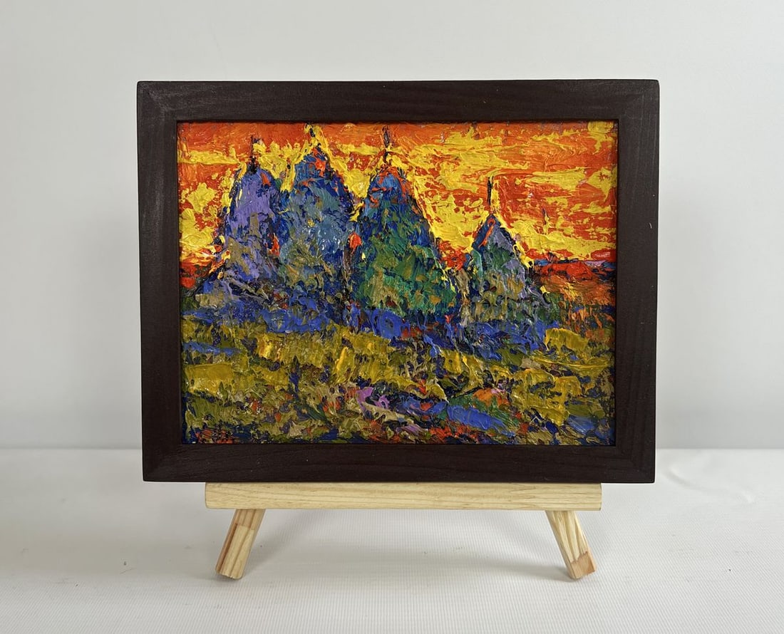Oil painting Crimson sunset in the field Alex Kalenyuk: Title: Oil painting Crimson sunset in the field Alex Kalenyuk Description: No.AAA4489 The painting "Crimson Sunset in the Field" is a striking oil composition on cardboard, capturing the intense and d
