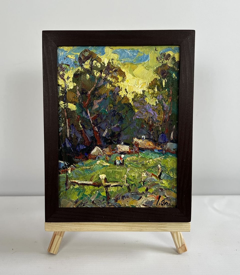 Oil painting Village near the forest Alex Kalenyuk: Title: Oil painting Village near the forest Alex Kalenyuk Description: No.AAA4490 The painting "Village Near the Forest" is a captivating oil composition on cardboard that immerses the viewer in the t