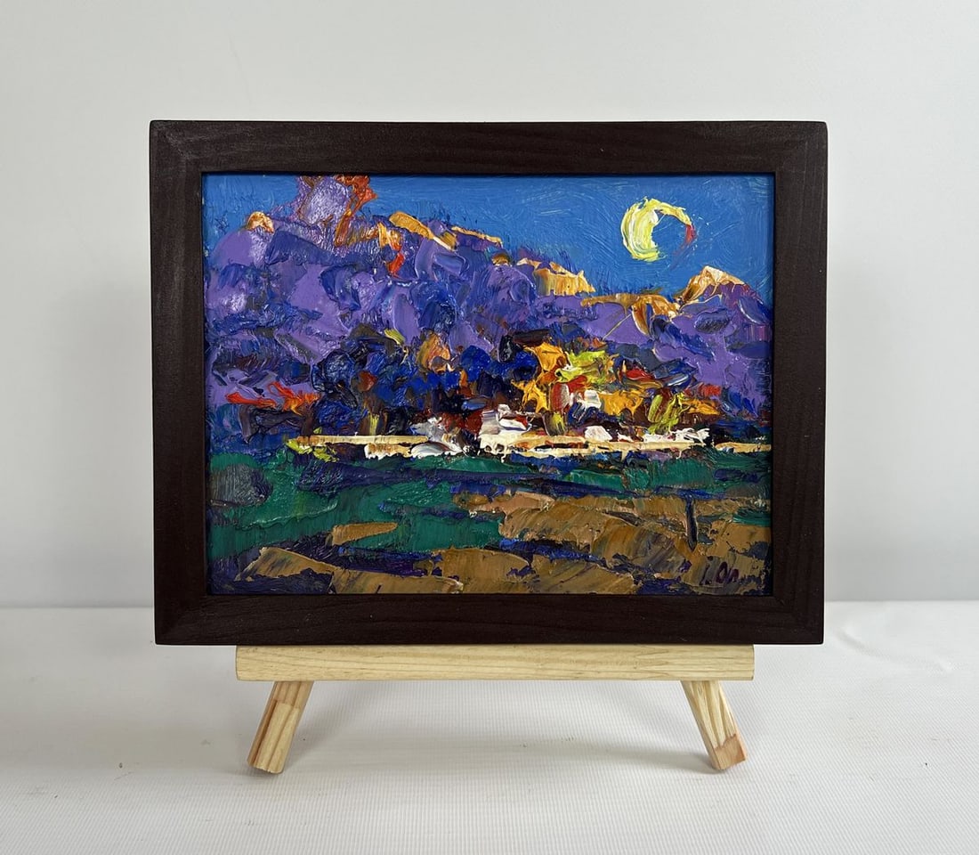 Oil painting Morning summer moon Alex Kalenyuk: Title: Oil painting Morning summer moon Alex Kalenyuk Description: No.AAA4491 The painting "Morning Summer Moon" is a vivid and expressive oil composition on cardboard, capturing the ethereal beauty o