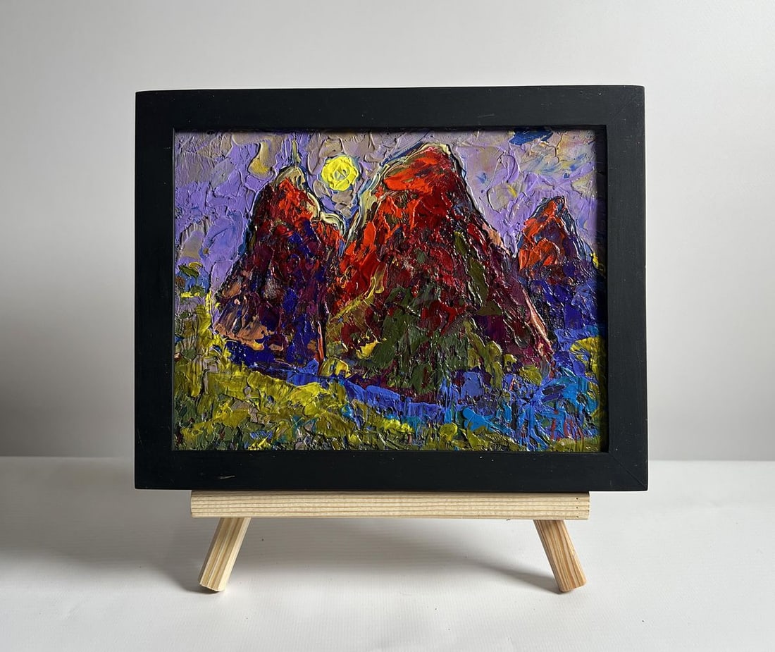 Oil painting The moon illuminates the field Alex Kalenyuk: Title: Oil painting The moon illuminates the field Alex Kalenyuk Description: No.AAA4076 This oil painting cardboard, titled "The moon illuminates the field", at the center of the composition, three h