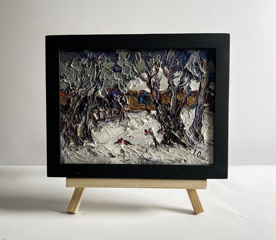 Oil painting Bullfinch in the yard Oksana Kalenyuk: Title: Oil painting Bullfinch in the yard Oksana Kalenyuk Description: No.AAA4129 This oil painting canvas, titled "Bullfinch in the yard", the landscape is dominated by a blanket of soft white snow, 