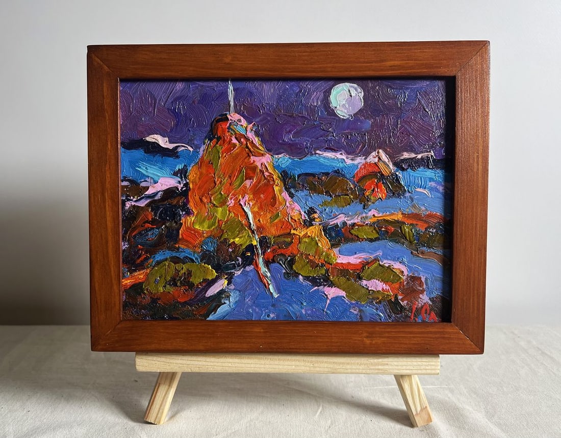 Oil painting Moonlit Night in the Field Alex Kalenyuk: Title: Oil painting Moonlit Night in the Field Alex Kalenyuk Description: No.AAA3849 This oil painting cardboard, titled "Moonlit Night in the Field", the artist uses bold impasto brushstrokes and a r