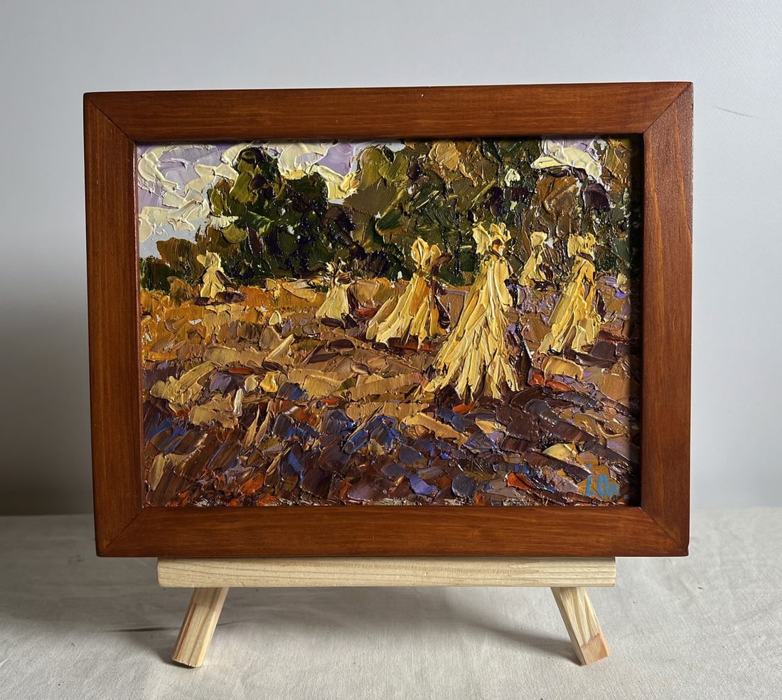 Oil painting There are haystacks in the fields Alex Kalenyuk: Title: Oil painting There are haystacks in the fields Alex Kalenyuk Description: No.AAA3901 This oil painting cardboard, titled "There are haystacks in the fields", the artist employs bold, textured