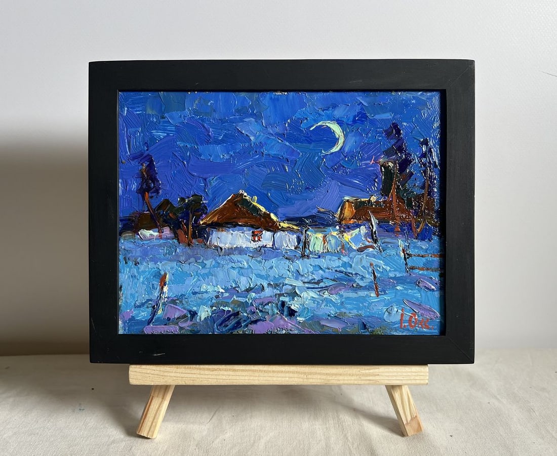 Oil painting Moonlit night Oksana Kalenyuk: Title: Oil painting Moonlit night Oksana Kalenyuk Description: No.AAA3931 The painting "Moonlit Night" captures the quiet beauty and mystique of a Ukrainian village bathed in moonlight. The artist use