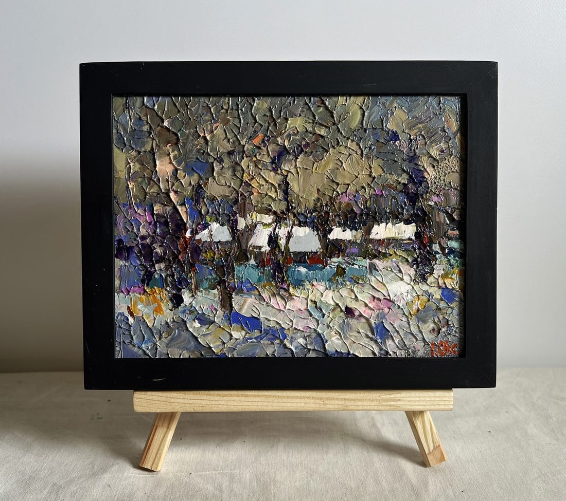 Oil painting Winter twilight Oksana Kalenyuk: Title: Oil painting Winter twilight Oksana Kalenyuk Description: No.AAA3945 This oil painting cardboard, titled "Winter twilight", the artist employs a thick impasto technique, creating a highly textu