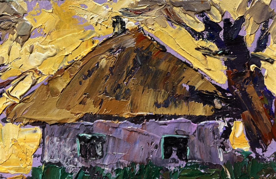 Oil painting Yellow sunset behind houses Alex Kalenyuk - 6