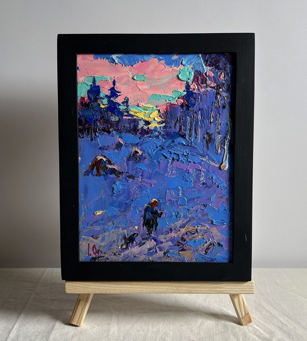 Oil painting Frosty winter evening Alex Kalenyuk: Title: Oil painting Frosty winter evening Alex Kalenyuk Description: No.AAA4016 This oil painting cardboard, titled "Frosty winter evening", the artist masterfully contrasts the icy blues and purples 