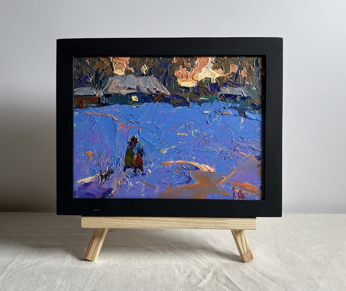 Oil painting Walk on a winter evening Alex Kalenyuk: Title: Oil painting Walk on a winter evening Alex Kalenyuk Description: No.AAA4035 This oil painting cardboard, titled "Walk on a winter evening", the artist’s use of thick, expressive brushstrokes 