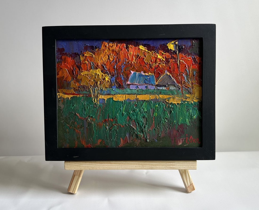 Oil painting Crimson autumn in the village Oksana Kalenyuk: Title: Oil painting Crimson autumn in the village Oksana Kalenyuk Description: No.AAA4053 This oil painting cardboard, titled "Crimson autumn in the village", the composition is bathed in rich, bold