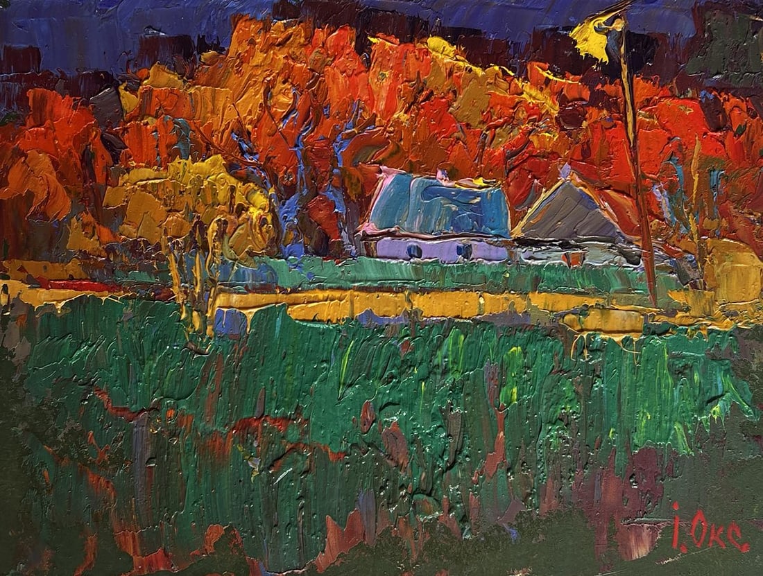 Oil painting Crimson autumn in the village Oksana Kalenyuk - 3