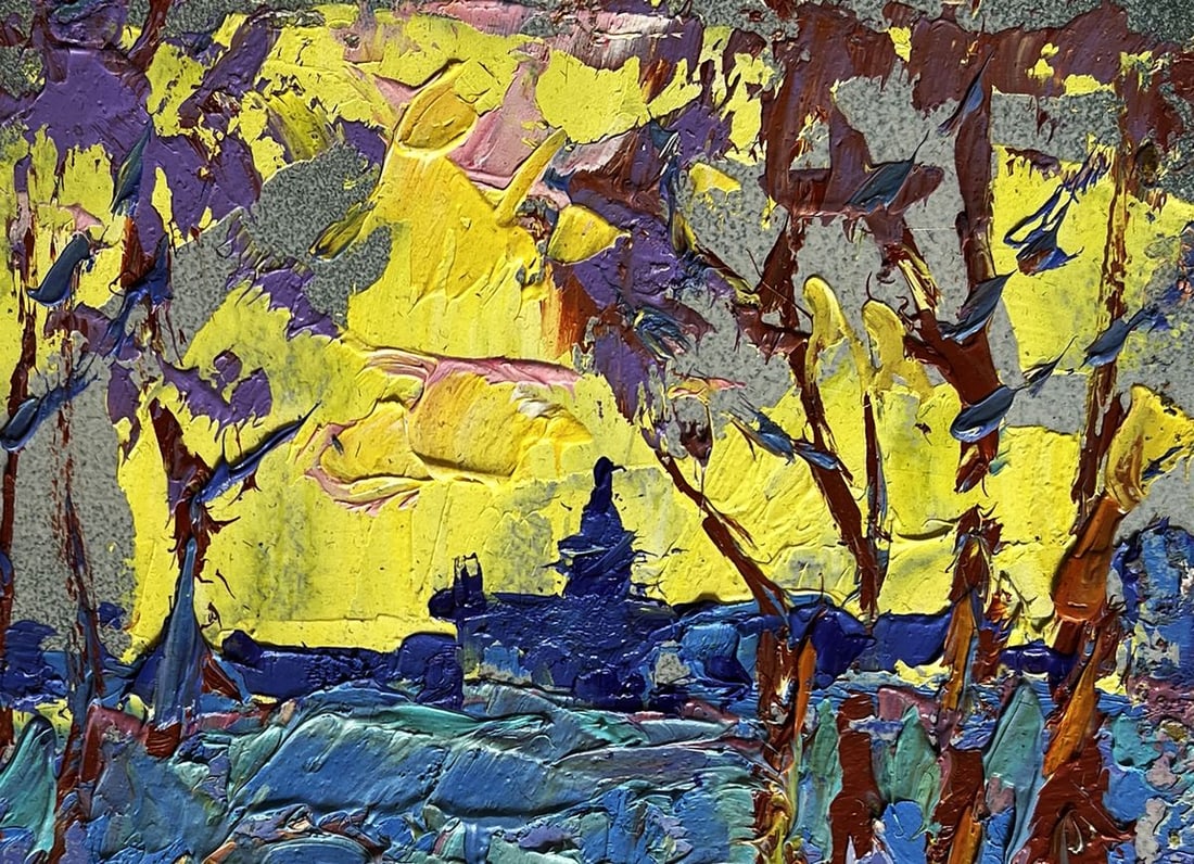 Oil painting Winter evening with yellow sunset Alex Kalenyuk - 8