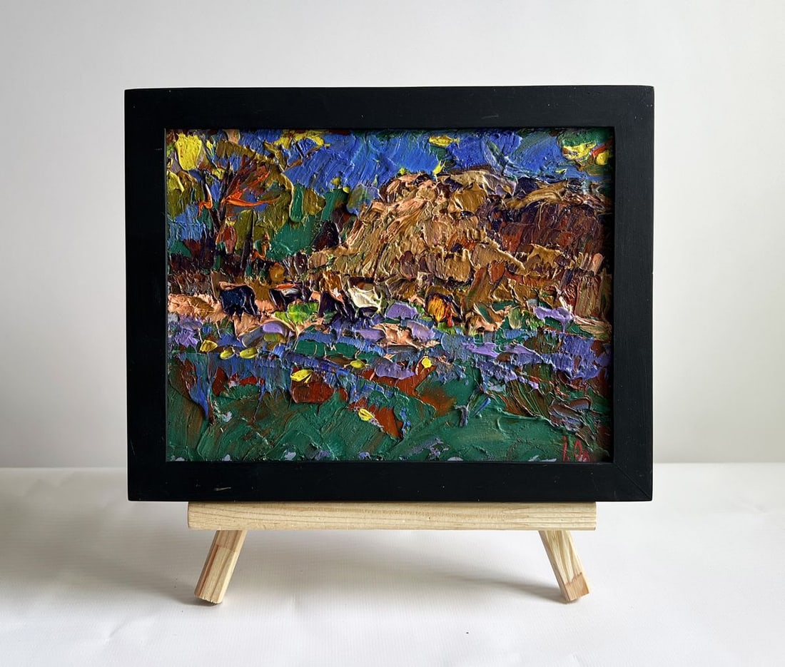 Oil painting Near the old haystack Alex Kalenyuk: Title: Oil painting Near the old haystack Alex Kalenyuk Description: No.AAA4058 This oil painting cardboard, titled "Near the old haystack", the artist uses thick, expressive brushstrokes to build dep