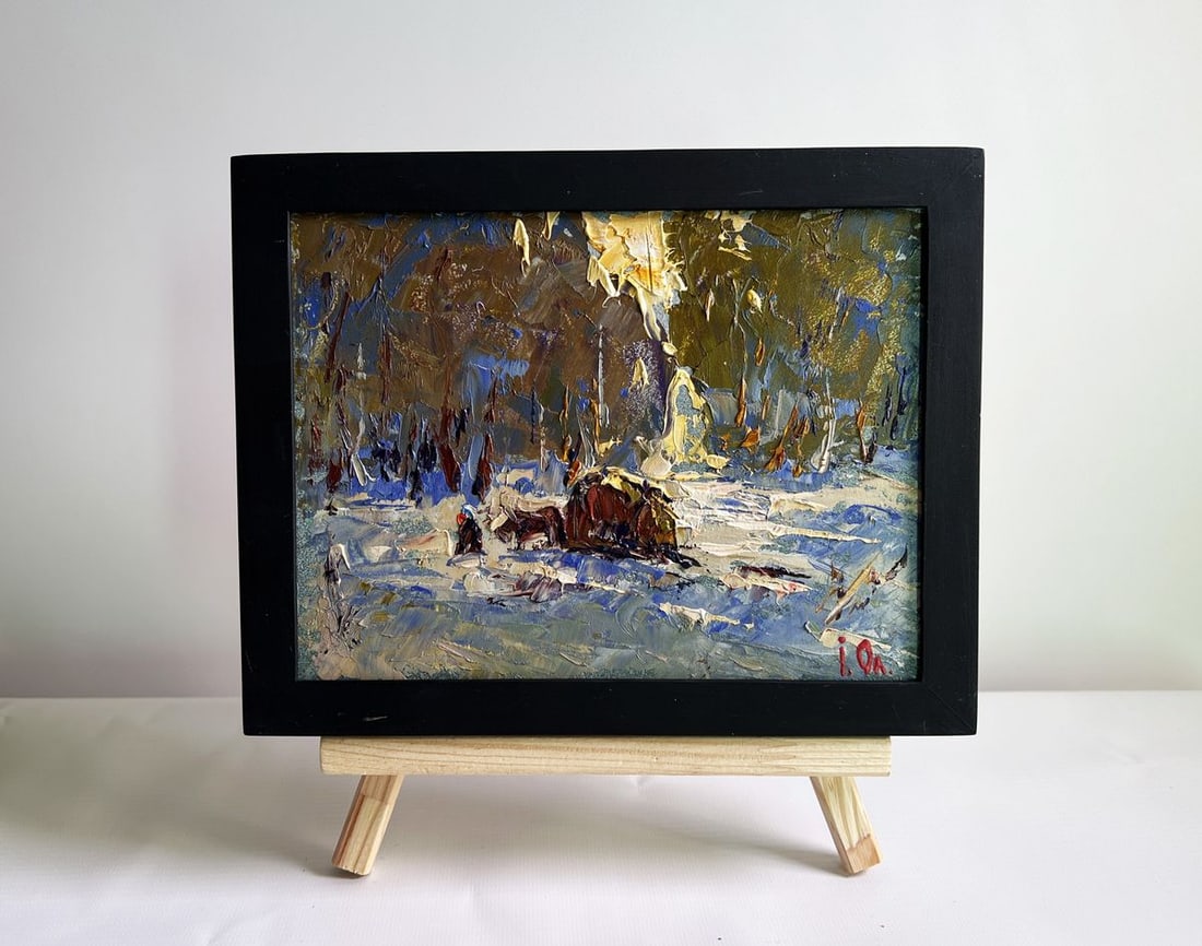 Oil painting Winter evening in the forest Alex Kalenyuk: Title: Oil painting Winter evening in the forest Alex Kalenyuk Description: No.AAA4061 This oil painting cardboard, titled "Winter evening in the forest", the artist skillfully conveys the cold