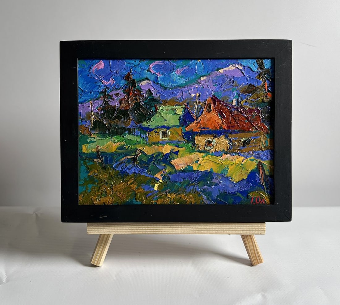 Oil painting Village and blue mountains Alex Kalenyuk: Title: Oil painting Village and blue mountains Alex Kalenyuk Description: No.AAA4064 This oil painting cardboard, titled "Village and blue mountains", the composition is enriched with expressive brush