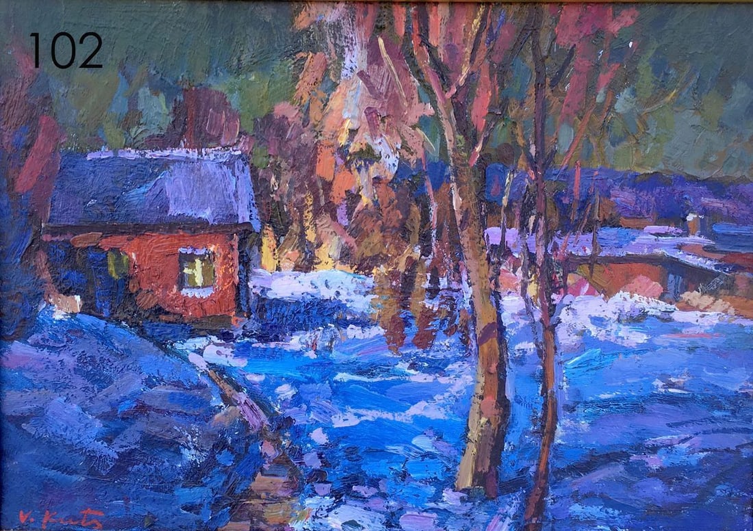 Winter evening oil painting: Title: Winter evening oil painting Description: No.102 *** ABOUT THIS PAINTING *** * TITLE: "Winter evening" * ARTIST: Vladimir Kuts * SIZE: 35x50cm/'13,77?19,68 inches' * MEDIUM: oil, cardboard * HAN