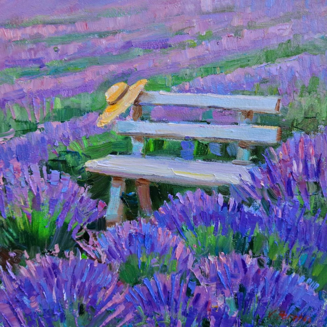 Oil painting Hat On A Lavender Field Vyacheslav Pereta: Title: Oil painting Hat On A Lavender Field Vyacheslav Pereta Description: No.Tep 171 Oil painting Hat On A Lavender Field Vyacheslav Pereta is a delicate and atmospheric artwork that captures the